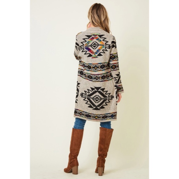 Taupe Multi Color Aztec Tribal Native Western Boho Open Cardigan Sweater - Picture 3 of 10